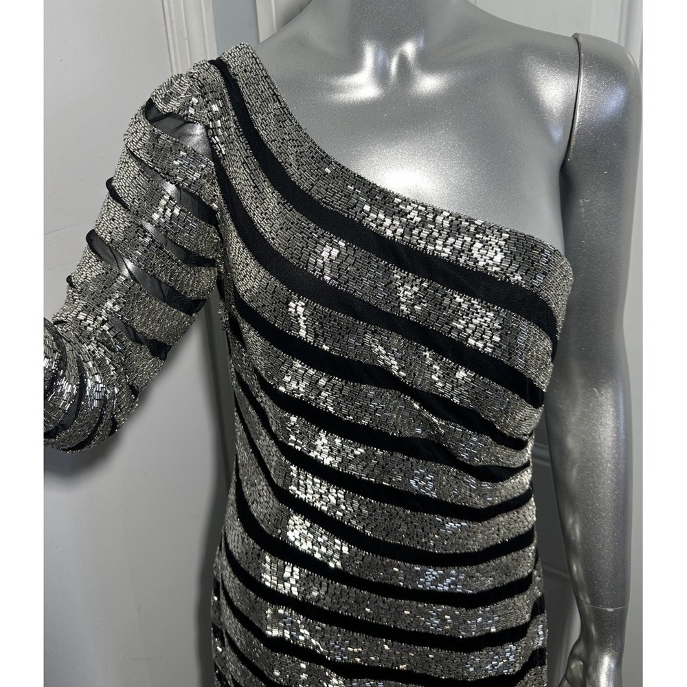 Aleta One-Shoulder Striped Beaded Sequin Mini Dress - Black & Silver 10 - Picture 11 of 13